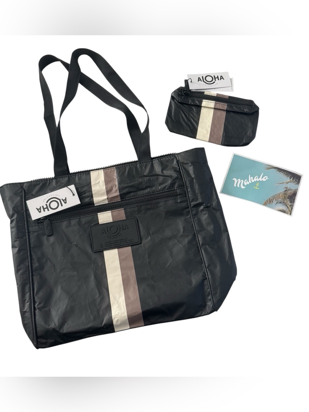 NWT ALOHA Collection Day Tripper Tote Le Voyageur Caffé Black + pouch Lot #7481